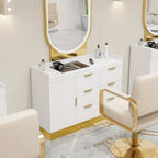 OmySalon Free-Standing Salon Station with 6 Drawers & Storage Cabinet - White Golden & Black Golden Barber Organizer, No Power Required, Durable Mobile Hair Styling Station for Salon & Spa Organization, Sleek Modern Design, Barber Supplies