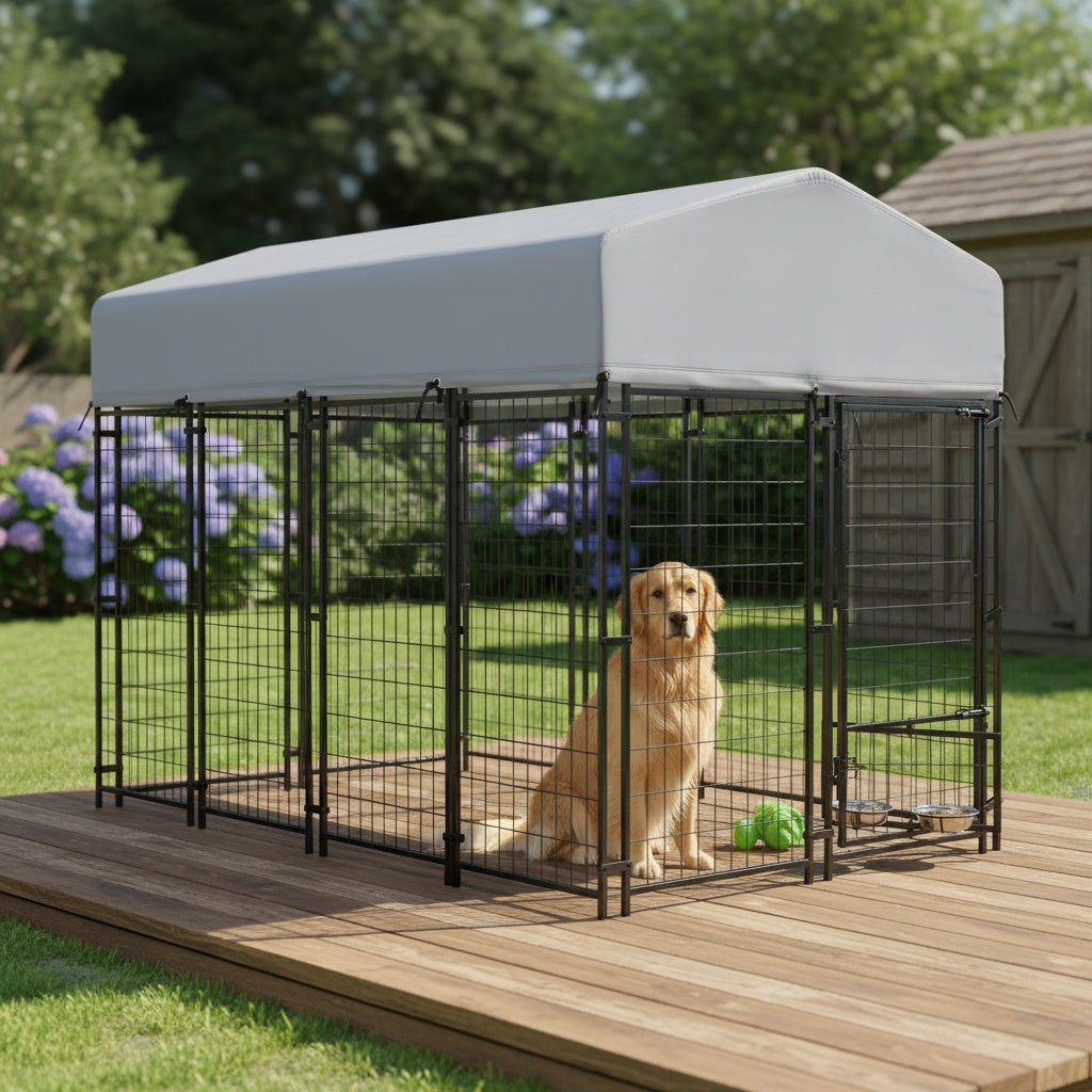 8x4x6ft Outdoor Dog Kennel with Roof Cover, Heavy Duty Dog House Outside with Lockable Door, Indoor Dog Playpen Outdoor Dog Cage Pen Pet Fence with 2 Rotating Feeding Bowls for Large Dogs