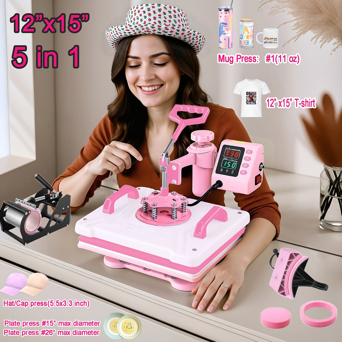 15"x15"/12"x15" - 8-in-1/5-in-1 Heat Press Machine Combo, Rotatable Design, Multi-Size Transfer Sublimation Combo, Suitable for T-shirts, Bags, Pillows, Hats, Beanies, Rollers - The 3-in-1 Automatic Hat Heat Press Can Only Press Hats