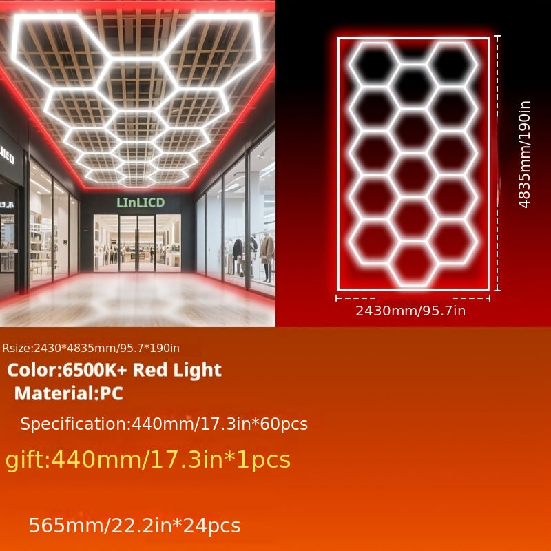 High-brightness LED Garage Light. Hexagonal Honeycomb Garage Light, Barber Shop Ceiling Light, Modern Design, Single Tube 850 Lumens, Framed LED Light Total 58650 Lumens