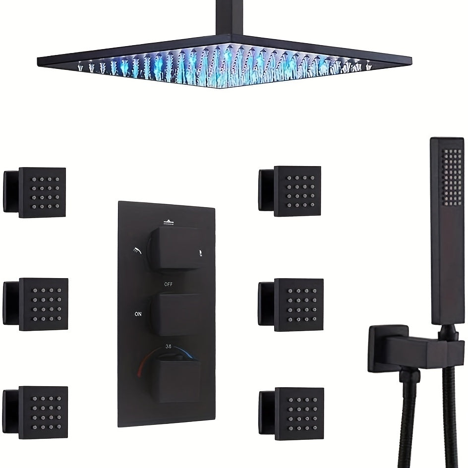 Modern Matte Black Thermostatic Shower System with LED Rainfall Head & Temperature Control - Wall-Mounted Stainless Square Faucet Combo, Massage Function for Bathing (Faucet and Shower Head) - Luxury Bath Suite