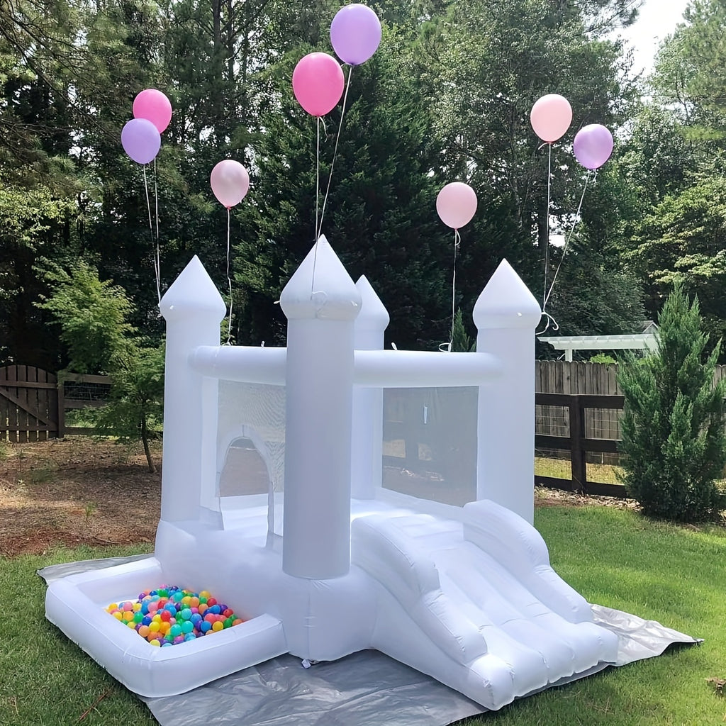 White Inflatable Castle, Suitable For Both Indoor And Outdoor Use, Equipped With A Blower, Ball Pit And Slide, Easy To Install, Suitable For Various Activities And Birthday Parties, Can Play For 2-3 Children.