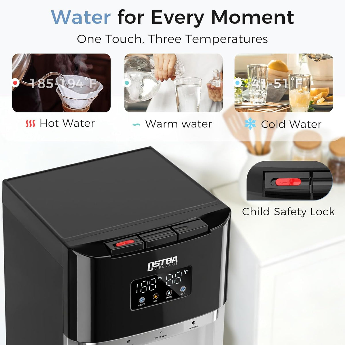 Bottom Load Water Dispenser, LED Display, Hot Cold & Room Water, Stainless Steel Tank, Child Lock, 3 & 5 Gallon for Home & Office