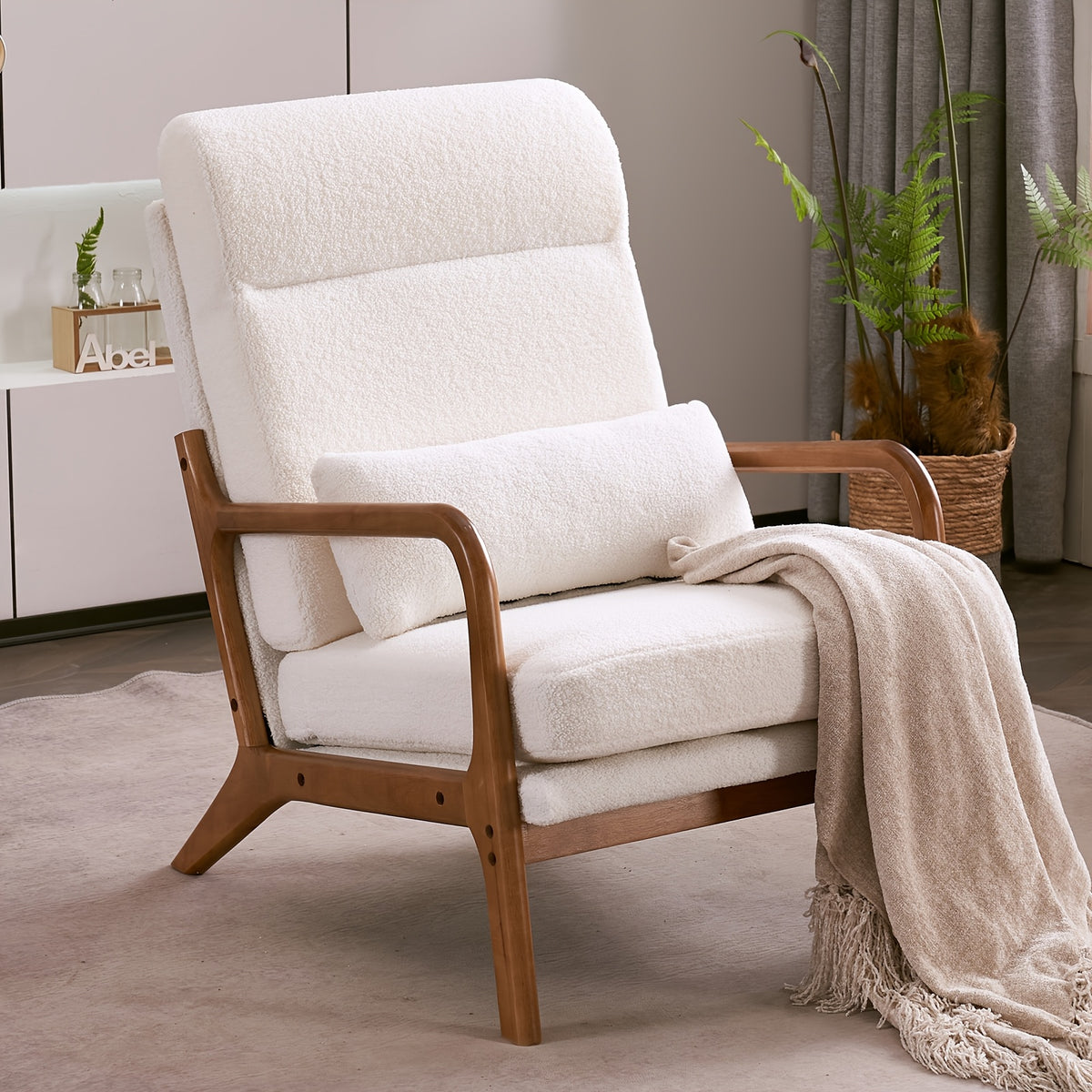 High Back Mid Century Modern Accent Chair, Soild Wood Padding Lounge Armchairs Side Sitting Chairs For Living Room, Bedroom