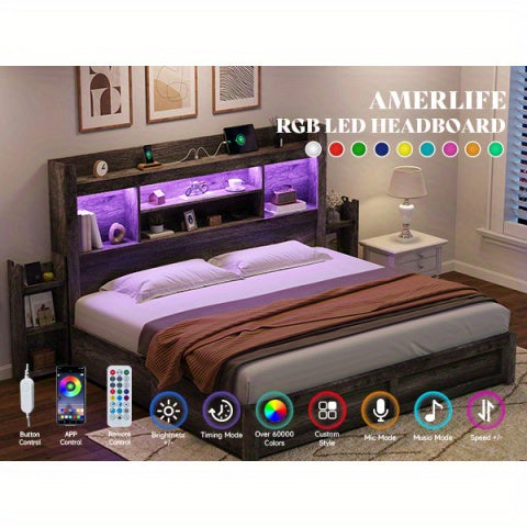 PAPABABE Bed Frame With 49.6 Inch Bookcase Headboard, 4 Drawers And 2 Detachable Storage Racks - Farmhouse Wood Bed Frame With RGB LED Lights And Charging Station, No Box Spring Needed