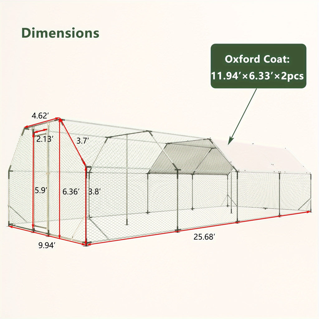 [Pet Cage] 9.94 Ft. X 25.68 Ft. Galvanized Large Metal Walk In Chicken Coop Cage Farm Poultry Run Hutch Hen House