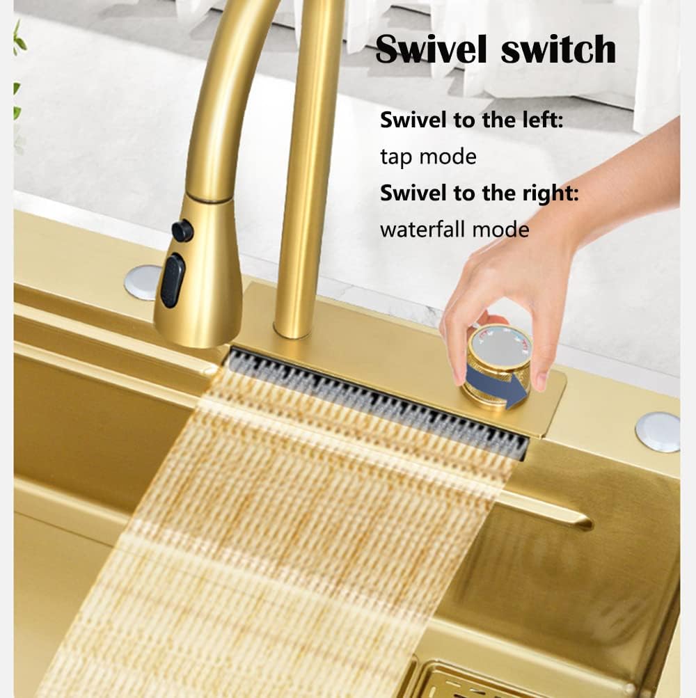 33x22 INCH Gold Flying Rain Drop In Stainless Steel Watefall Kitchen Sink Single Bowl with Pull Down Faucet Set