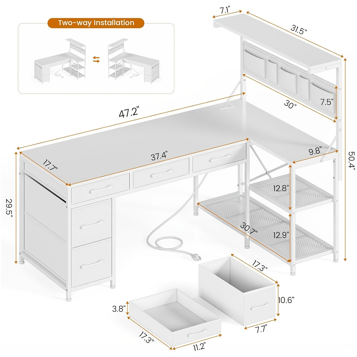 L-Shaped Computer Desk for Small-Space Work and Gaming, Featuring Reversible Shelves and App-Controlled RGB Lights