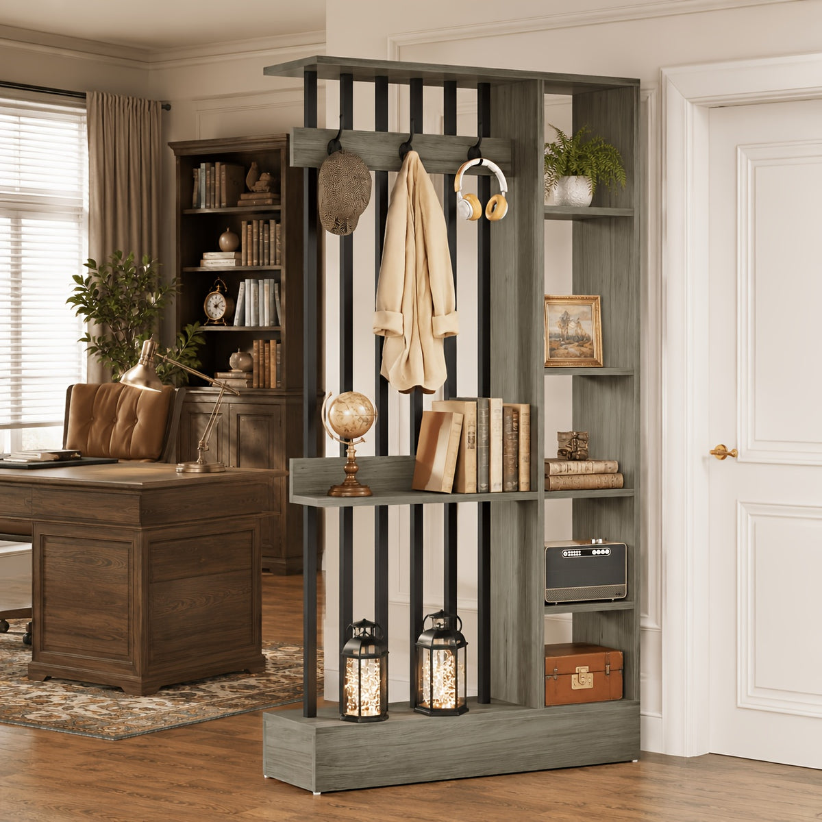 71' Wood Freestanding Room Divider, Wall Partition Bookcase with Shelves & Coat Hooks, Modern Decorative Screen for Home & Office, Brown
