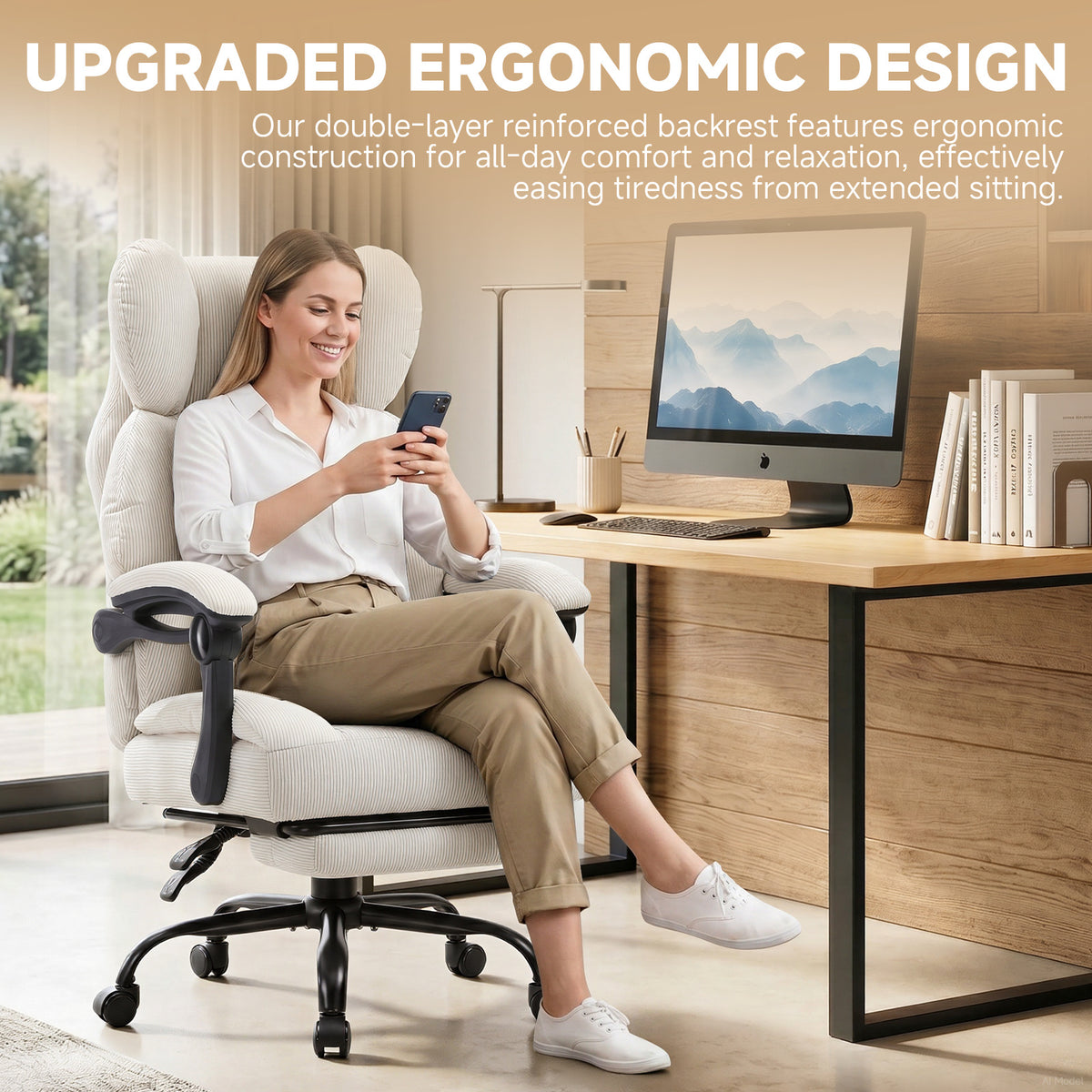 Ergonomic High Back Office Chair with Linkage Widened Armrest, Big&Tall Executive Office Chair, Gaming Chair, Thick Pocket Spring Wide Seated Cushion, Desk Chair with Retractable Footrest for Adults, Faux Leather/Corduroy/Fabric, OC-305