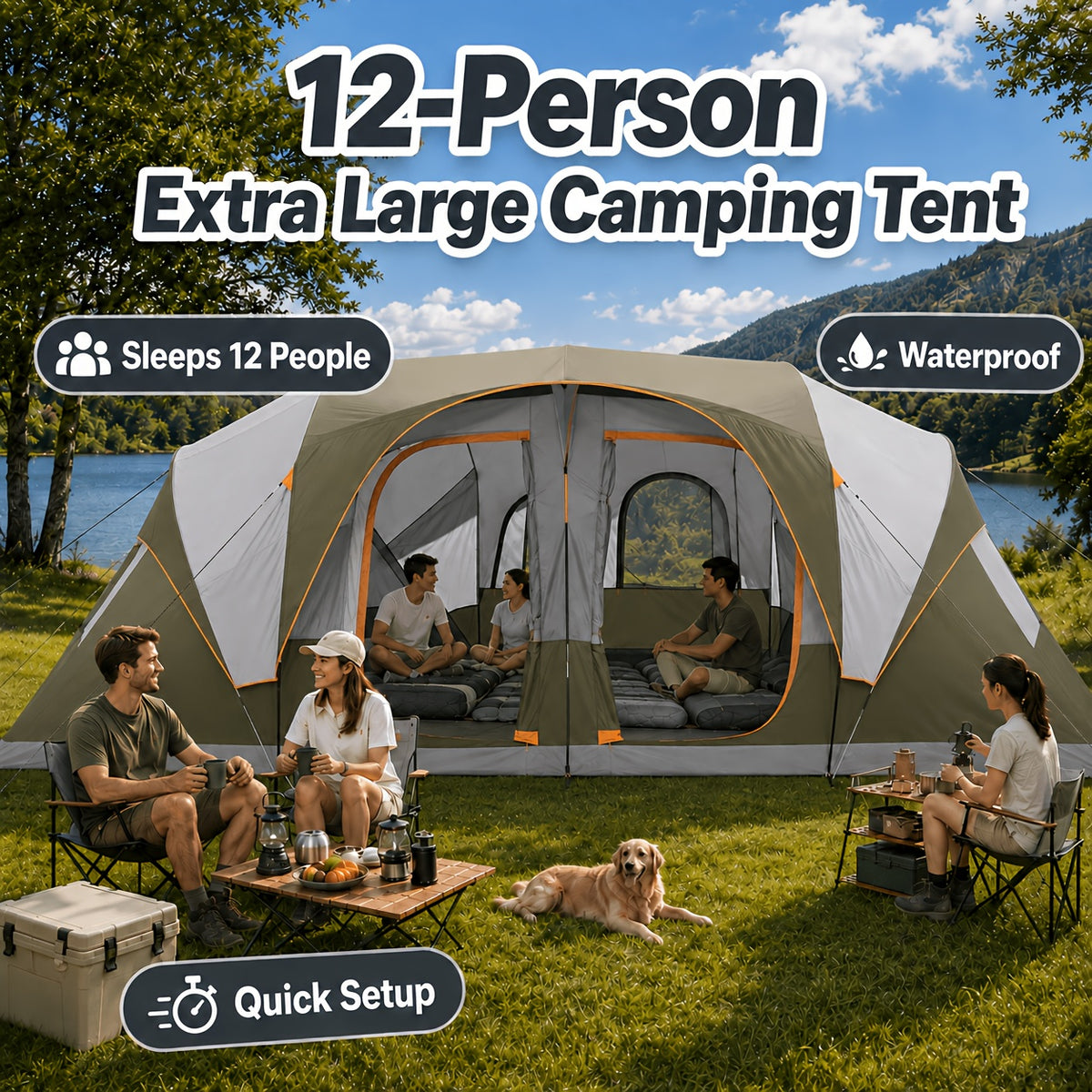 12-Person Camping Tent, Family Cabin Tent with 2/3 Rooms, Weatherproof, Features 6 Large Mesh Windows, Double Layer, Includes Dividing Curtain for Separate Rooms, Portable with Carry Bag