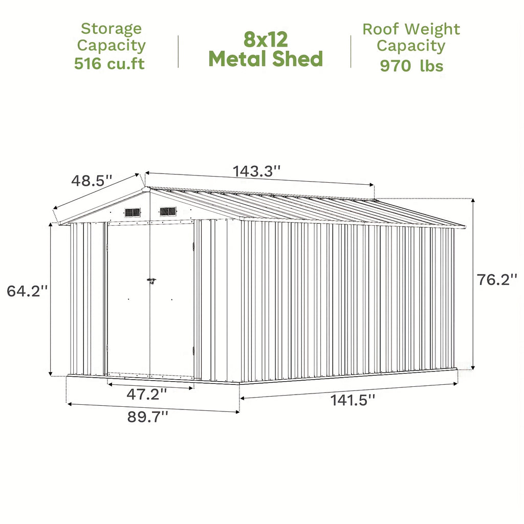 GUNJI 6X3.5 FT And 8X10 FT And 8X12 FT Outdoor Storage Shed, Large Metal Garden Shed with Lockable Waterproof Door, Garbage Cans, Pool Supplies, Tool Sheds for Backyard Garden Patio Lawn