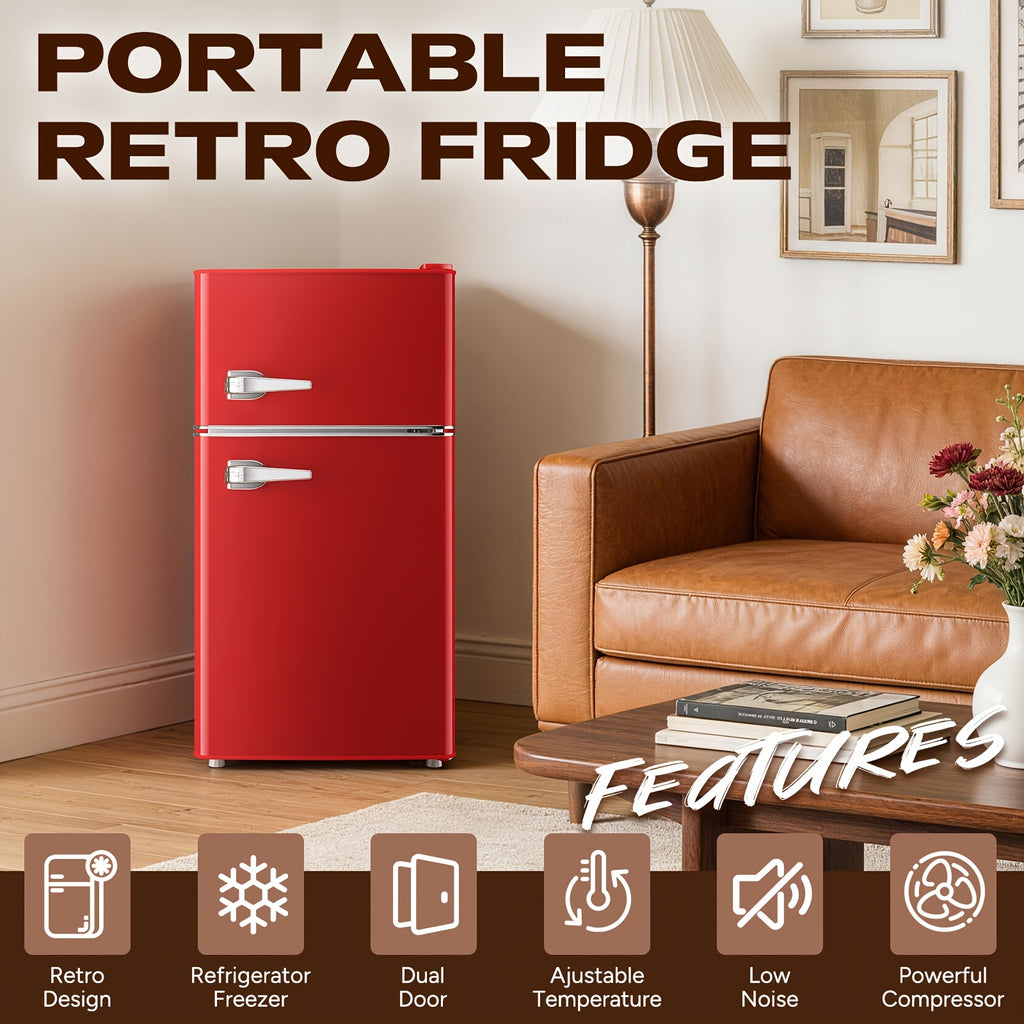 Retro Mini Fridge With Freezer 3.8 Cu. Ft, Small Refrigerator With 7 Level Adjustable Thermostat, Compact Classic Dual Door Fridge Removable Glass Shelves For Apartments, Dorm, Office