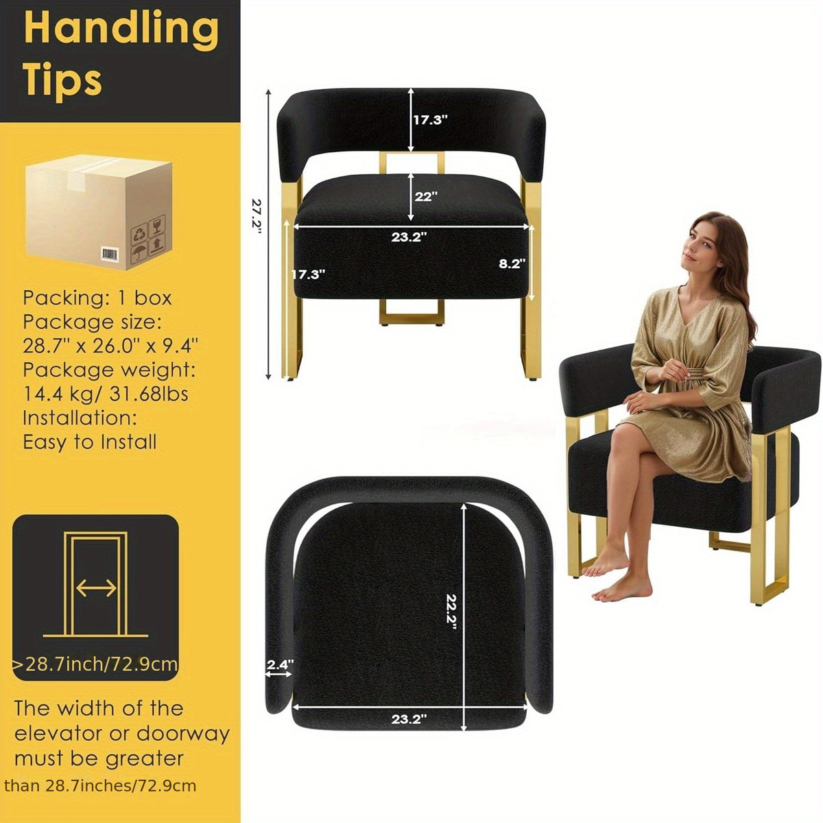 Modern Black Accent Chair with Iron Feet, Bucket Chairs, Arm Chairs for Living Room Bedroom, Suitable for Living Room, Bedroom, Hallway, Office (1, Black)