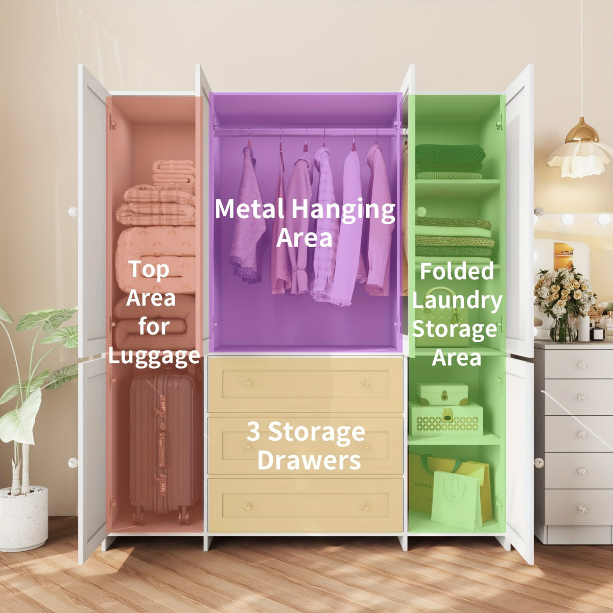 31.5"/47"/63" Large Wardrobe Armoire Closet with Hanging Rod, Mirror And Doors, Drawers & Shelves, for Bedroom