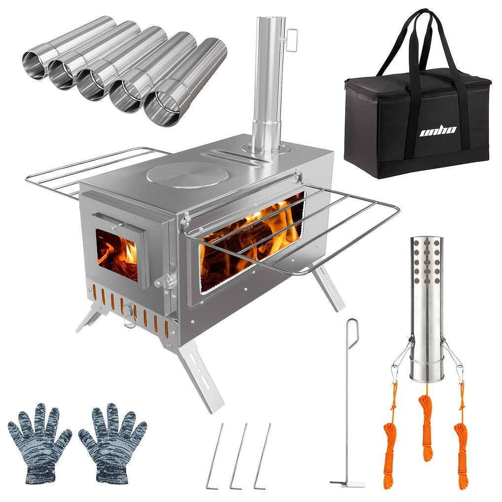Portable Heavy-Duty Stainless Wood Burning Camp Stove - Outdoor Tent & Backyard Fire Pit with 7 Chimney Pipes, Ash Tool, Carry Bag & Ground Stakes - Adjustable Height, Fire-Resistant Window, Coal/Charcoal Compatible for Winter