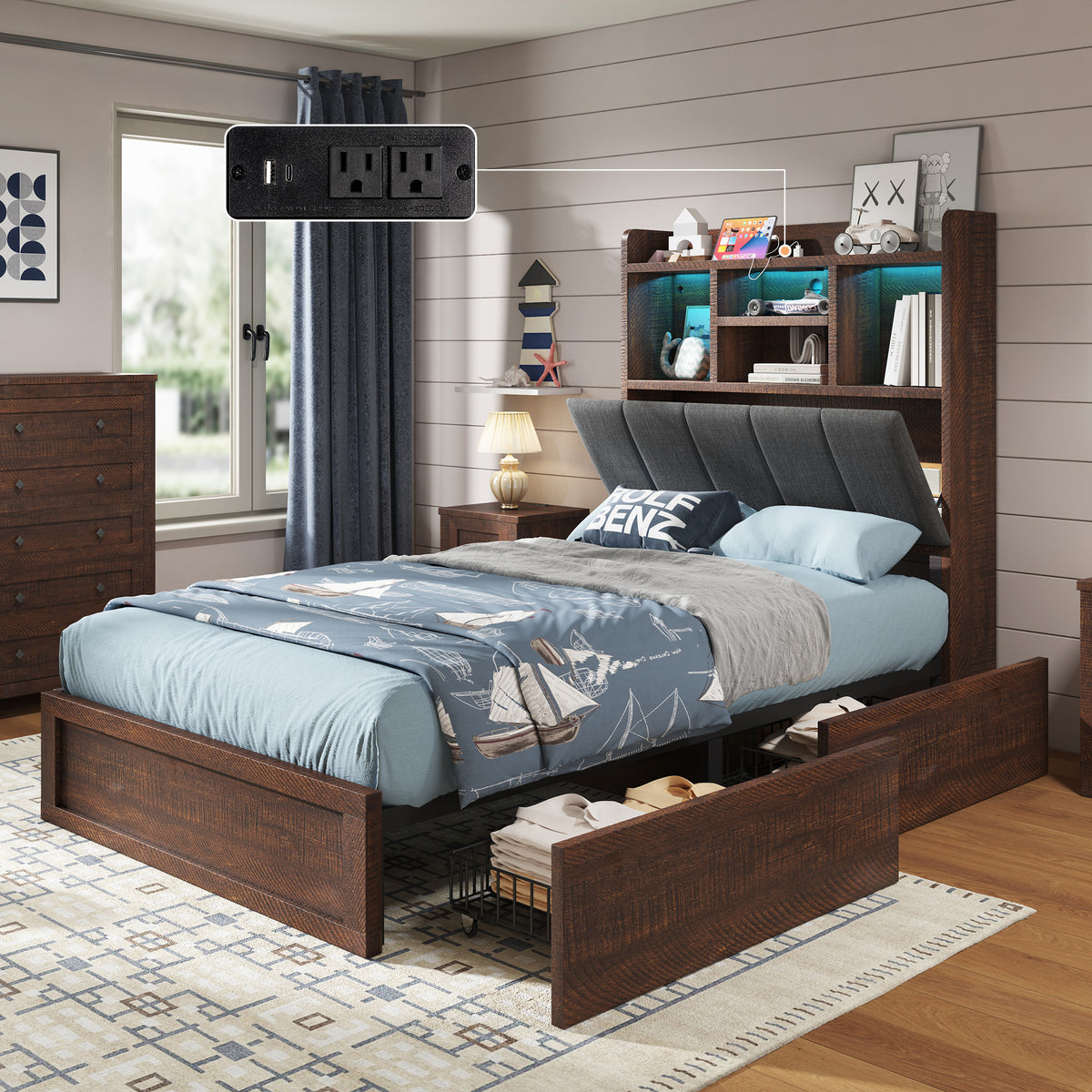 Platform Bed with 4 Storage Drawers, 51.2" Tall LED Bed Frame with Bookcase Headboard, Linen Upholstered, Charging Station& Hidden Storage Area, No Box Spring Needed