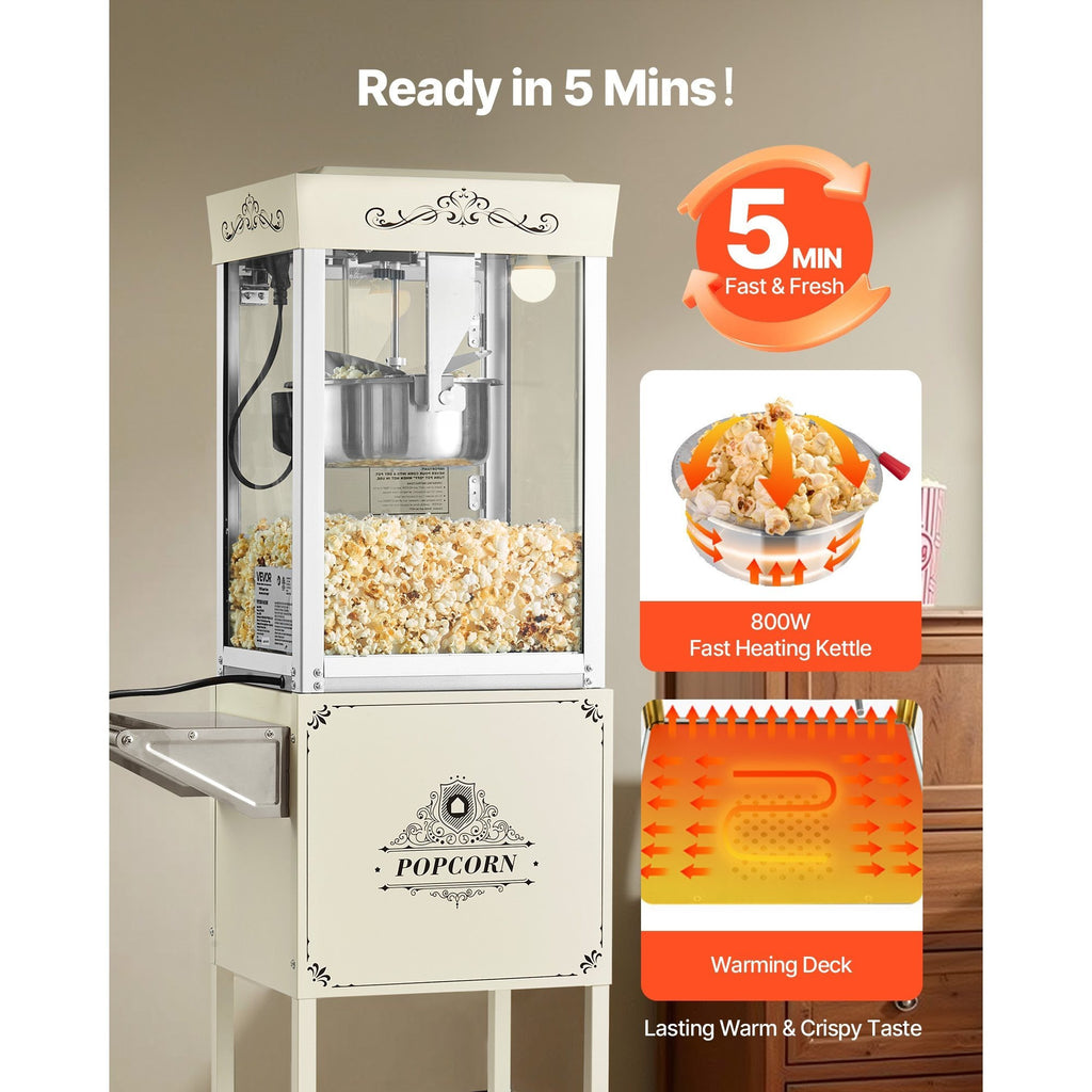 VEVOR Popcorn Machine with Cart Popcorn Popper Maker 800W 8oz Kettle 48 Cups Black/ Red/ White