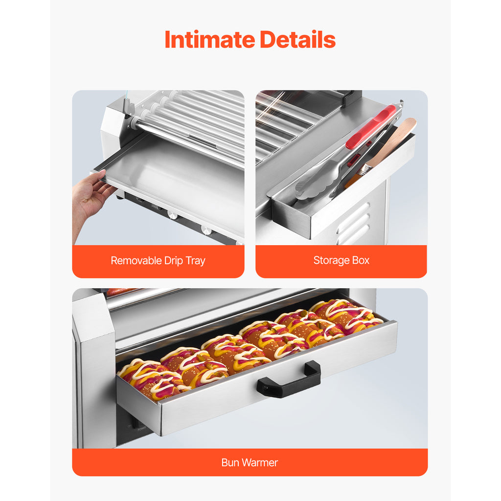 VEVOR Hot Dog Roller 5 Rollers 12 Hot Dogs /7 Rollers 18 Hot Dogs Capacity, Stainless Sausage Grill Cooker Machine with Dual Temp Control Glass Hood Acrylic Cover Bun Warmer Shelf Removable Oil Drip Tray