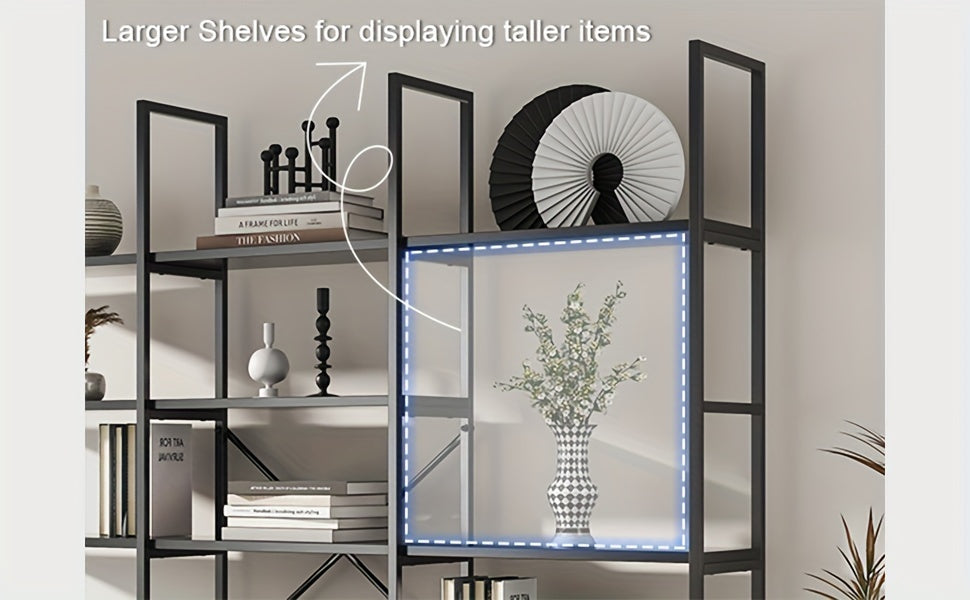5-Tier Triple Wide Geometric Bookshelf, Industrial Etagere with Sturdy Metal Frame, 71" Tall Freestanding Display Shelving Unit, Modern Design for Home& Office