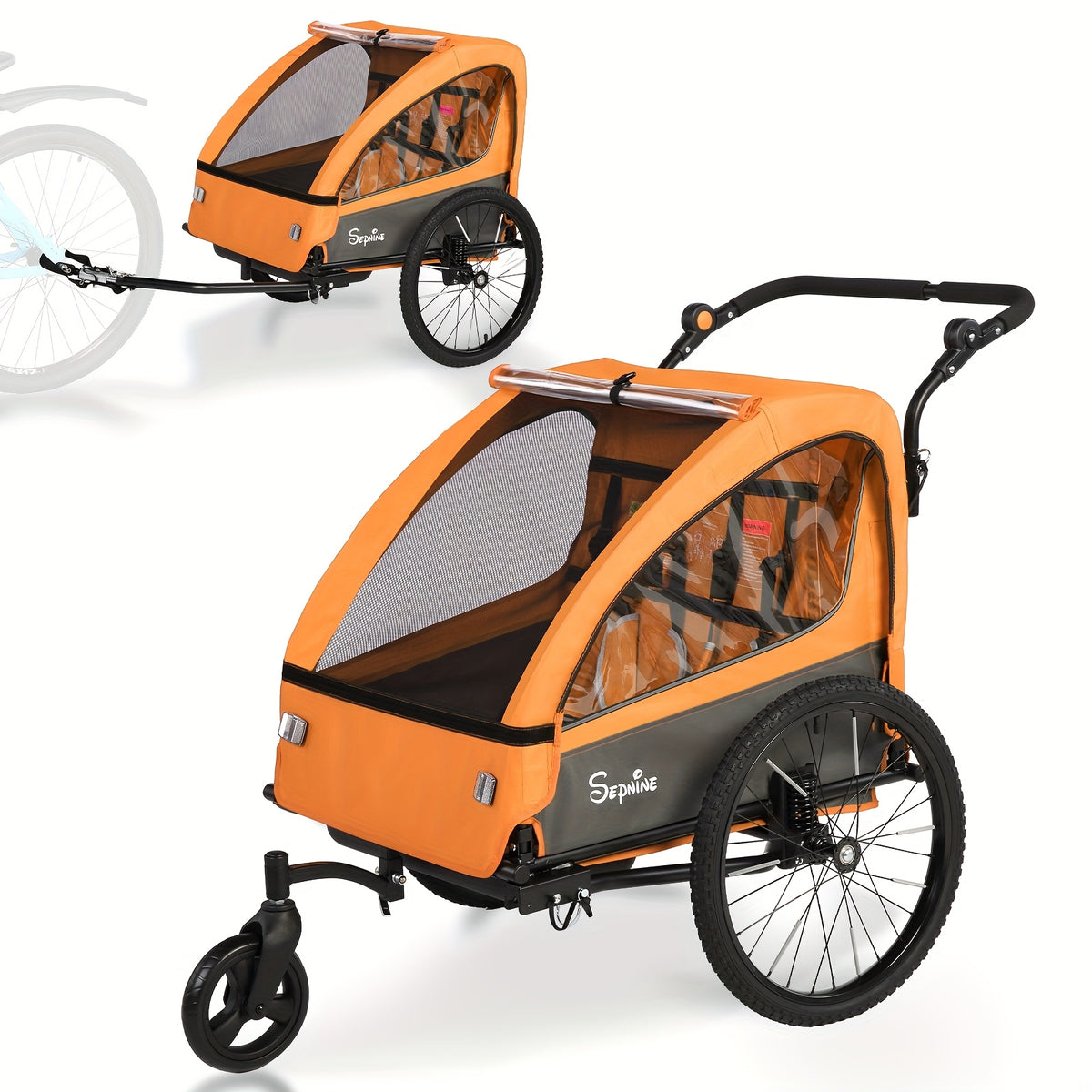 2in 1 Kids Bike Trailer And Stroller with Suspension Bike Trailer for 1 to 2 Children, Jogging Function, Foldable, 5-Point Harness, Spacious Storage, with Bug Screen And Weather Shield