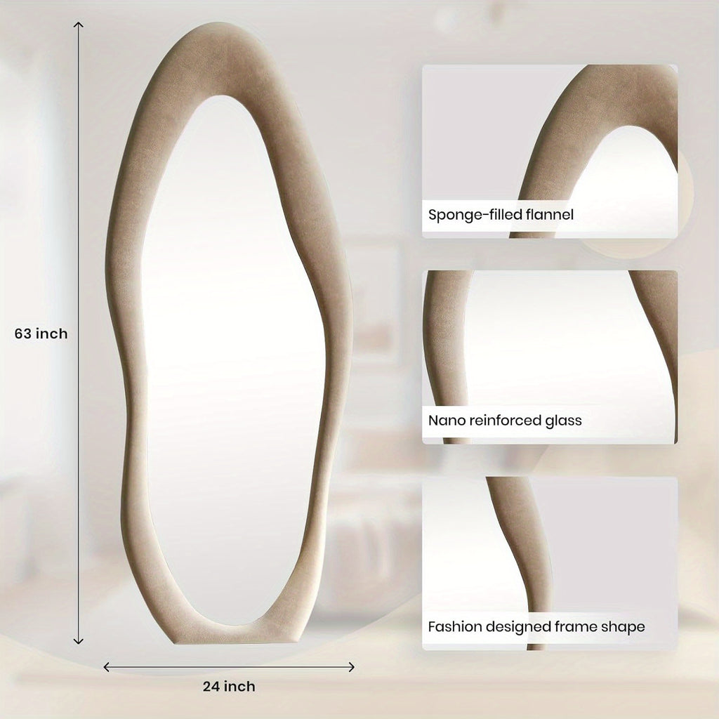 63 X 24 Inches Full Length Mirror Irregular Full Body Wall Mounted Floor Mirror with Stand Ivory Flannel Frame Leaning Hanging Wall Mirror for Bedroom Entrance