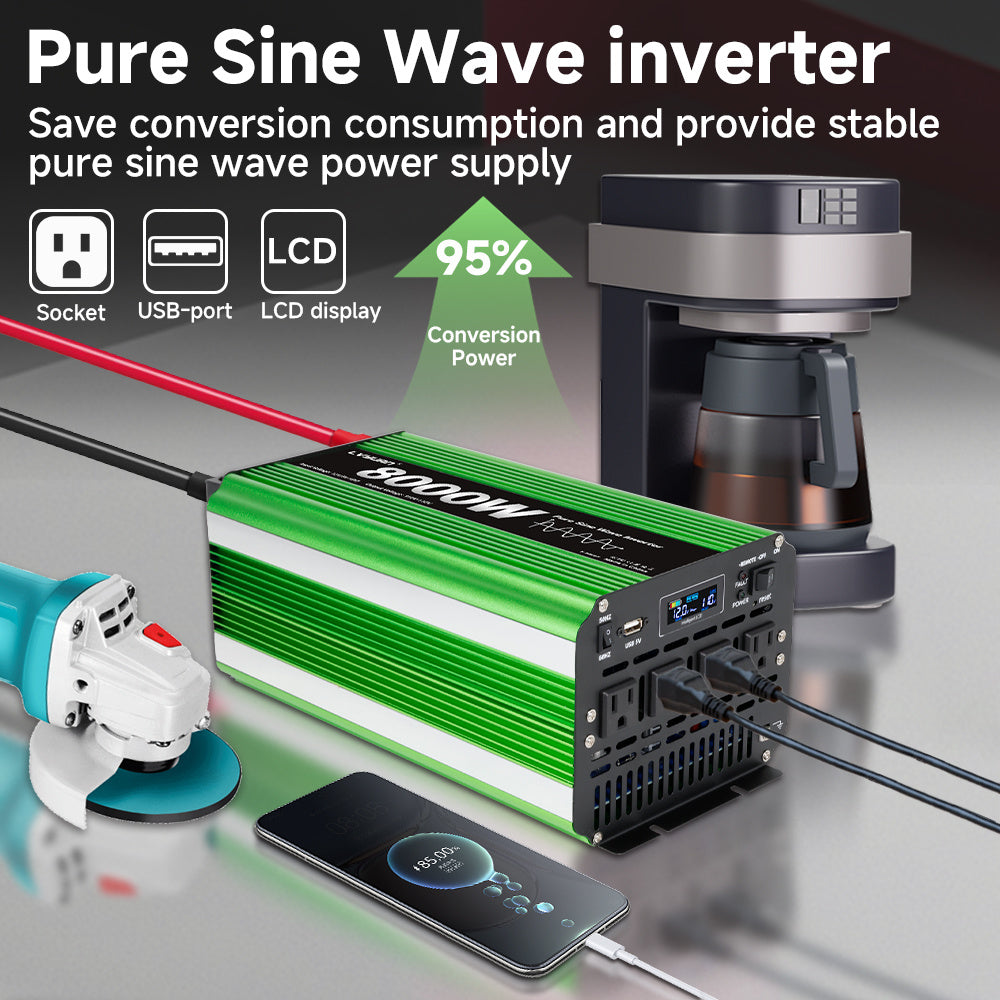 Pure Sine Wave Inverter 8000 Watt (Peak) Vehicle Power Inverter, Converts 12 Vdc to 110 Vdc to 120 Vdc, with LCD Display, Remote Control and Troubleshooting, 4 US Sockets for Car Onboard Chargers, for Home Solar Systems, RV's, and Vans, without Batteries