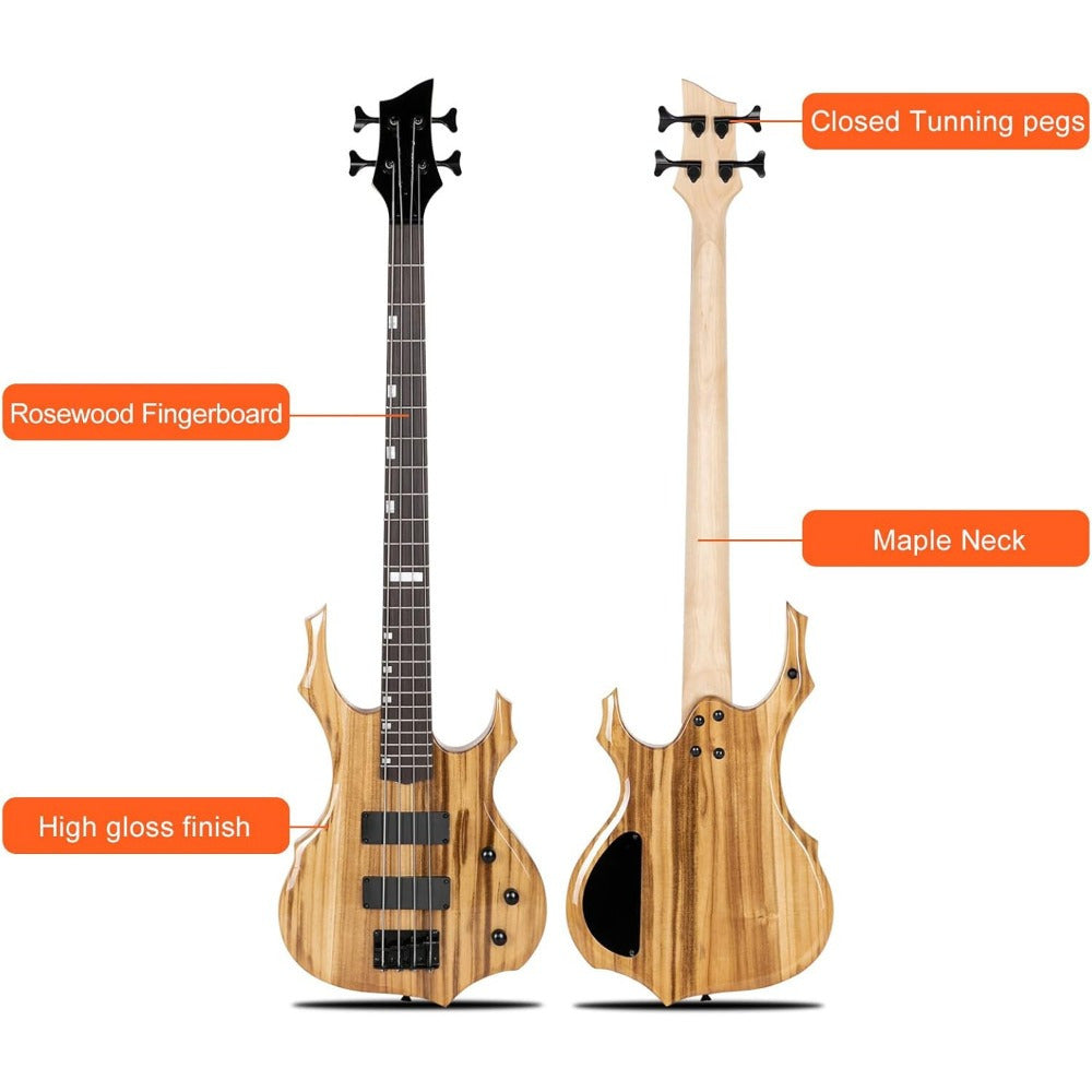 [Bass Guitar Set] Electric Bass Guitar Full Size Flame Design Bass Set with 20 Watt Amplifier, Portable Bass Bag, Superior Amp Wire, Adjustable Guitar Strap, Plectrum, Wrench Tool