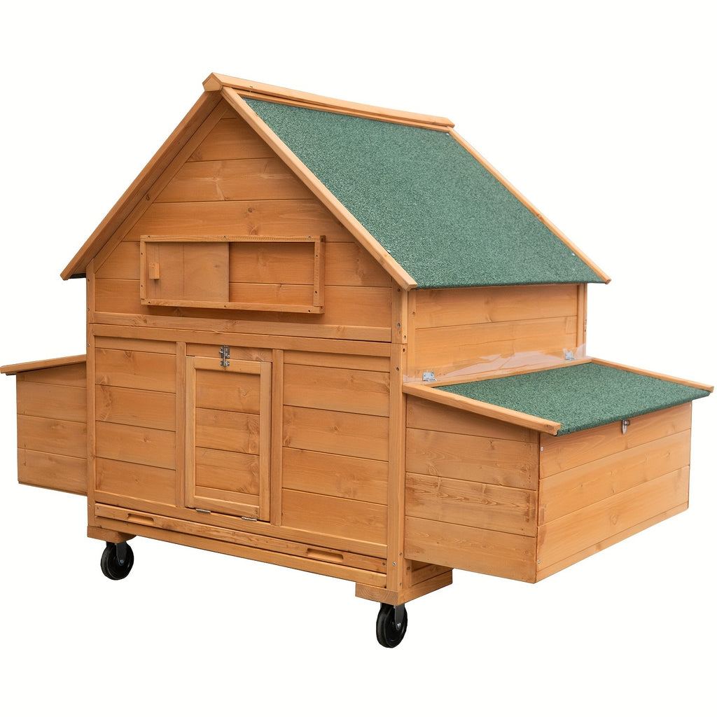 Large Chicken Coop with Wheels, Waterproof Outdoor Hen House for 6-8 Chickens, Movable Chicken House with Two Nesting Boxes, Removable Tray, PVC Cover, Wooden Duck Coop Rabbit Hutch