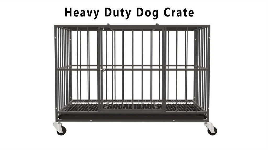 [Indoor Dog Crate] Heavy Duty Simple Version Round Pipe Iron Dog Crate, Indoor Double Door Dog Crate With Wheels With Removable Tray
