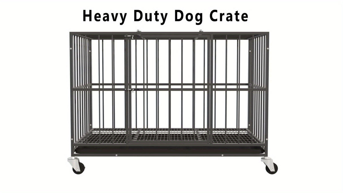 [Indoor Dog Crate] Heavy Duty Simple Version Round Pipe Iron Dog Crate, Indoor Double Door Dog Crate With Wheels With Removable Tray