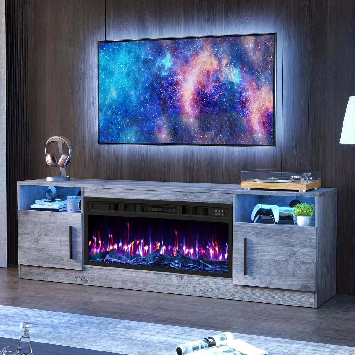 Fireplace TV Stand with 36" Fireplace Up to 80" TVs, 70" Modern Wood High Gloss with Highlight Storage Cabinet, LED Light Entertainment Center with Storage Cabinets for Living Room