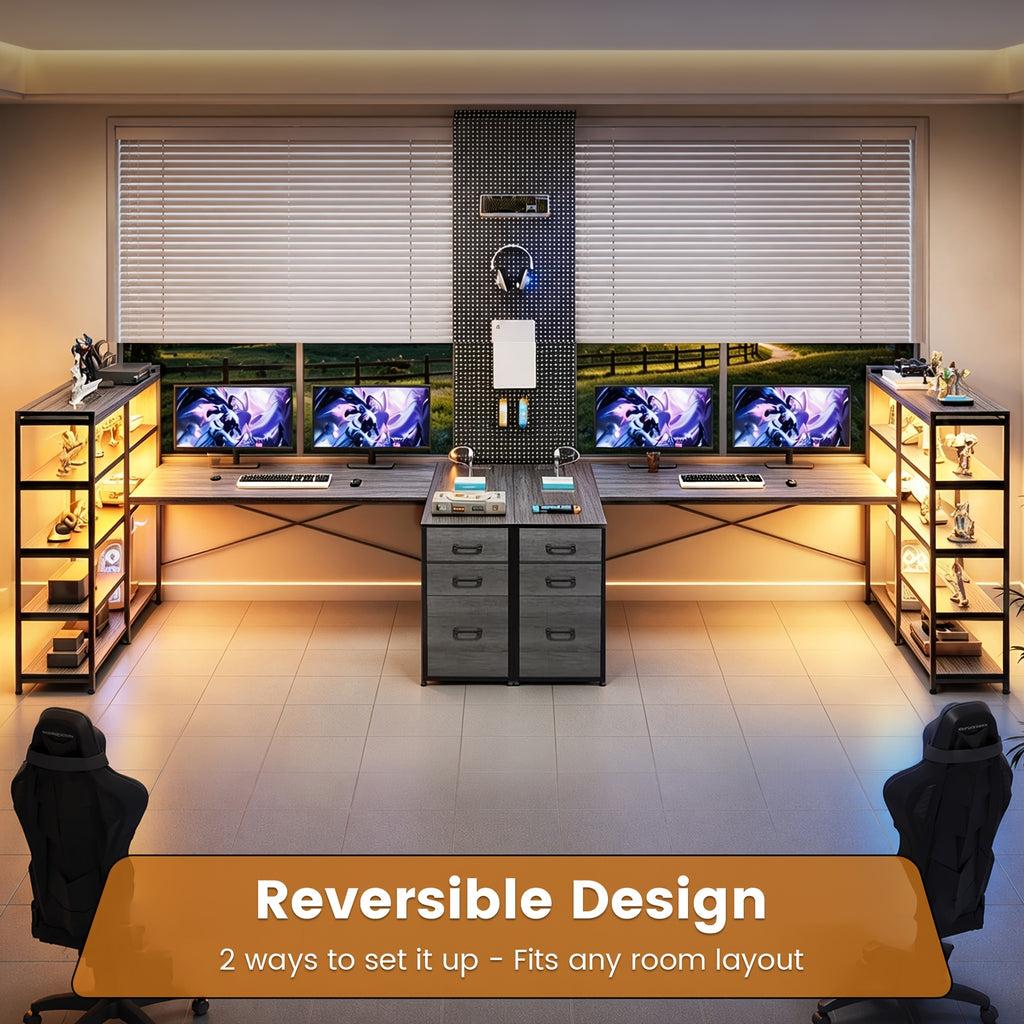 L-Shaped Desk with Storage Shelves, 64.5" Reversible U-Shaped Office Desk with 3 Fabric Drawers, Gaming Desk with Power Outlet & LED Strip, Large PC Workstation for Home Office, Brown/Black/White/Gray