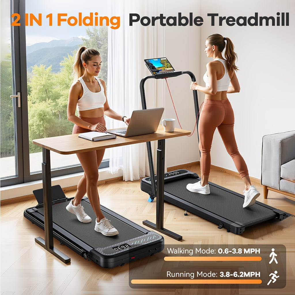 Foldable Treadmill with Incline, 2-In-1 Portable Treadmills for Home Small Spaces, 350 Lbs Capacity Compact Under Desk Treadmill, LED Display & KINOMAP App, No Assembly Required, Space-Saving Design, Without Battery