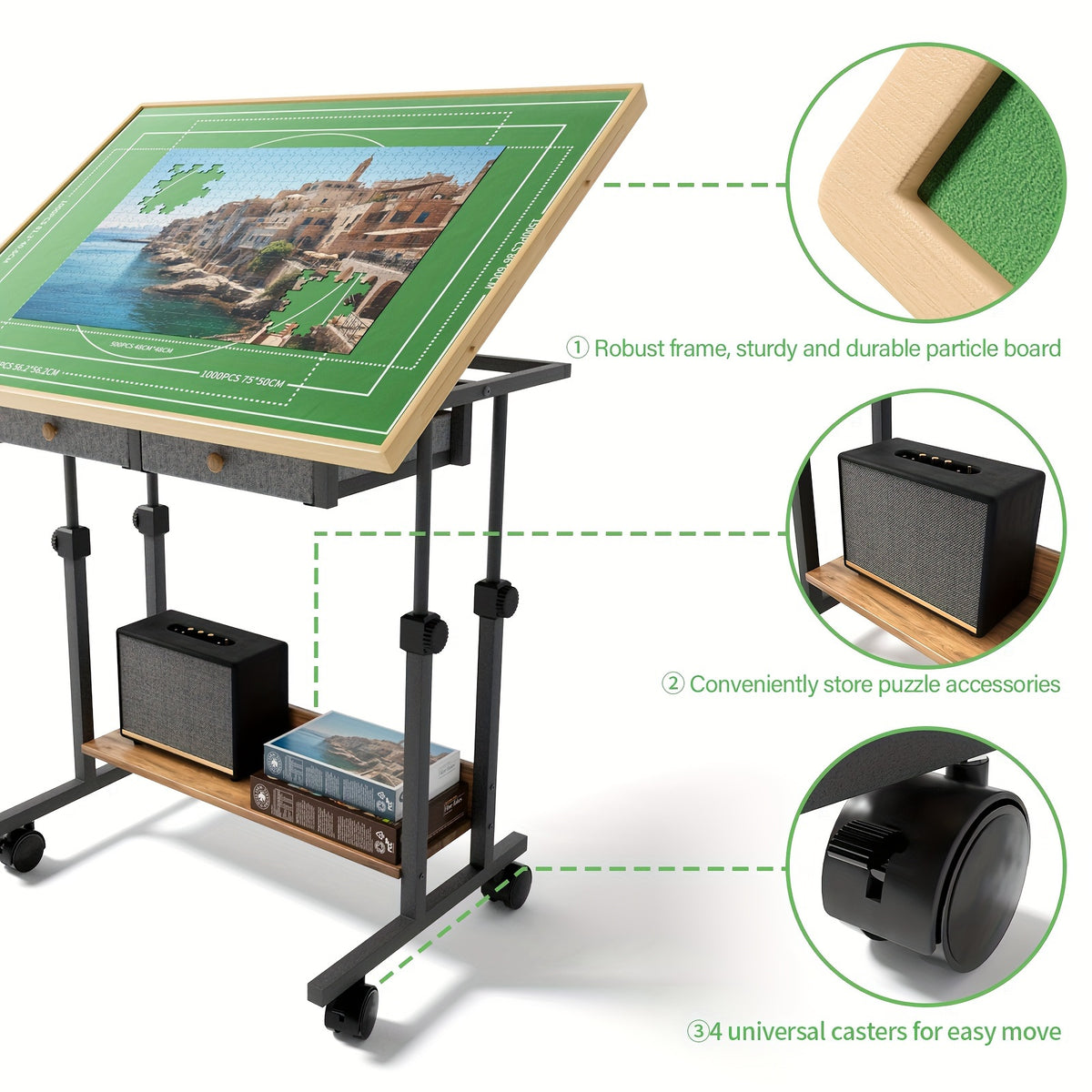 Movable Puzzle Table with Legs, Adjustable 5-Tilting-Angle Board, Height Adjustable Multi-function Table with 6 Drawersr for Puzzle, Chess, Reading Etc., Good Choice for Gift