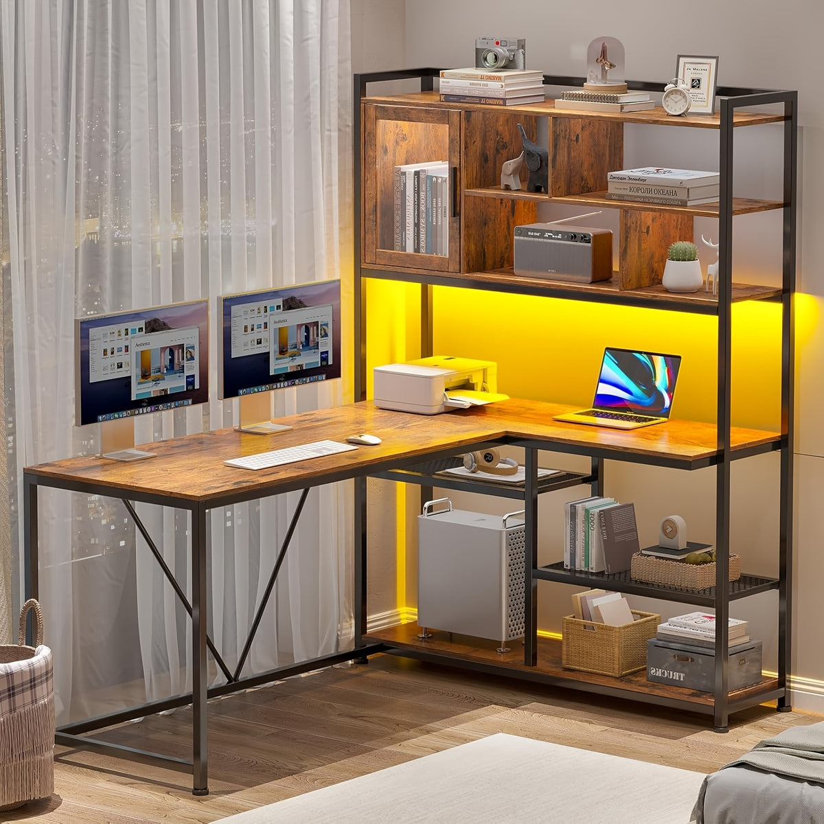 L-Shaped Computer Desk, Reversible 58-Inch Corner Workstation with 7-Tier Shelves and RGB LED Lighting