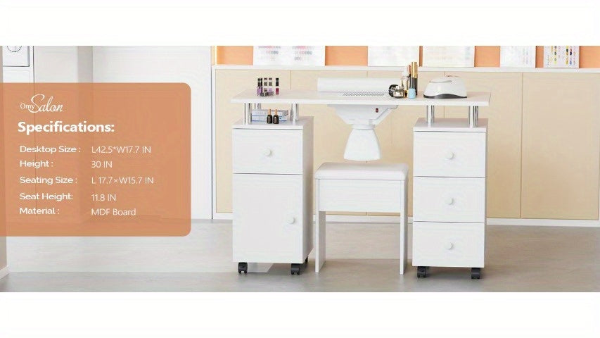 Professional Nail Desk and Chair Set with Stool - Heavy-Duty Mobile Manicure Station w/Dust Collector, Acetone-Resistant Desktop, 4-Wheel Rolling Cart & Storage Drawers - Heavy-Duty Nail Tech Table for Salon, Home, or Spa - (White/Black/Lavender/Mint Gree