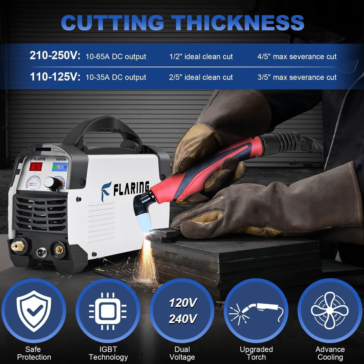 FLARING FC650D Plasma Cutter, 65 Amp Plasma Cutter Machine 120V 240V 2/3" (16mm) Max Cutting 1/2" (12.7mm) Clean Cut IGBT High Frequency Inverter Touch ARC Plasma Cutter with Consumable Set Update 5th