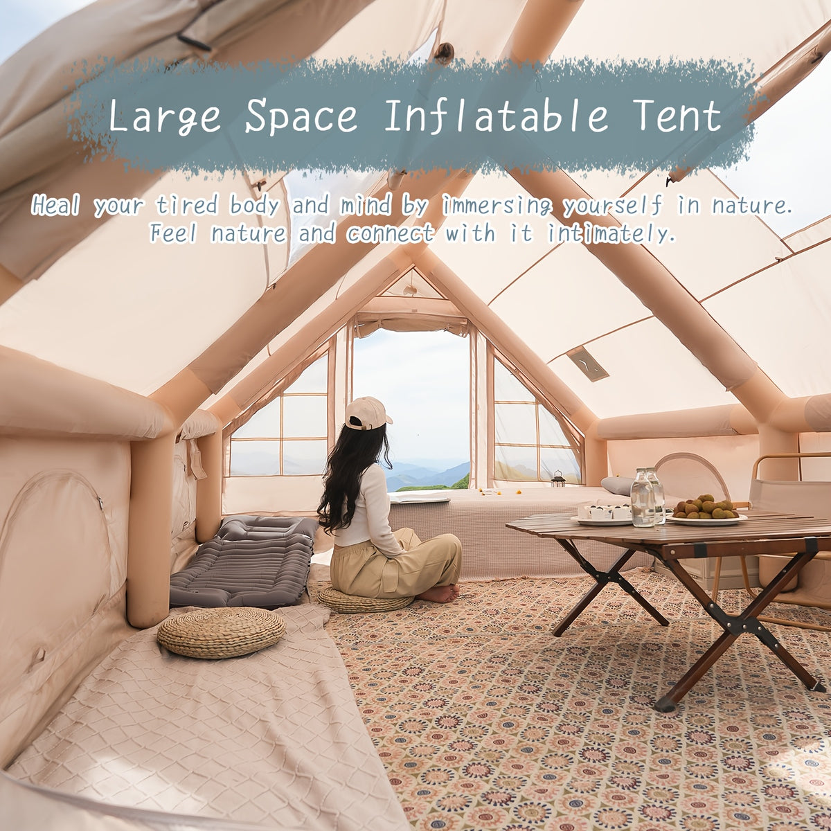 Pakicetus 2-4-6-8 Person Summer Camping Inflatable Tent, Quick Air Circulation with Breathable Mesh Design, Weather-Resistant Oxford Cloth Material Four-Season Camping Cabin, Spacious Full Mesh Windows and Door, Easy Setup with Manual Pump