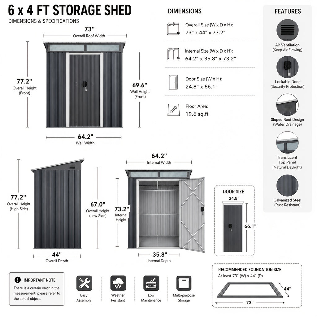Metal Storage Shed with Lockable Sliding Doors and Transparent Windows for Outdoor Tools and Bikes, 6x4 FT or 8x6 FT