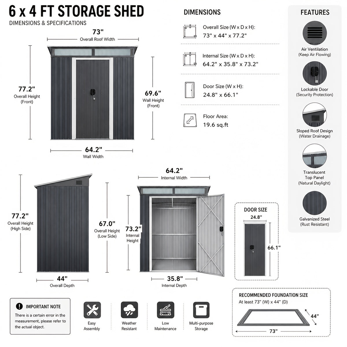 Metal Storage Shed with Lockable Sliding Doors and Transparent Windows for Outdoor Tools and Bikes, 6x4 FT or 8x6 FT