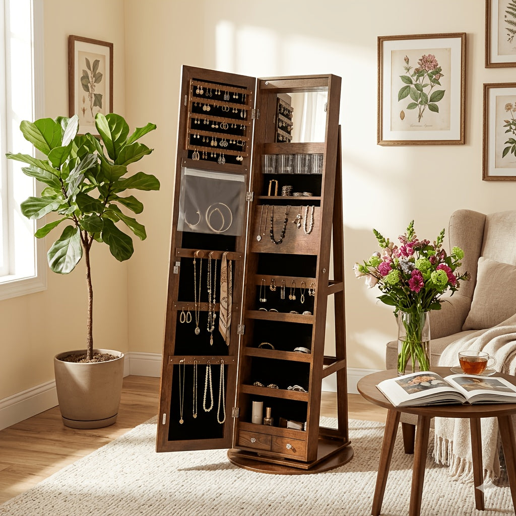 Freestanding Rotating Jewelry Cabinet with Full-Length Mirror & Lockable Storage Armoire - Foldable Makeup Shelf & Lights Suitable for Bedroom, Wood, Mirror Dresser Organizer for Room, Space-Saving
