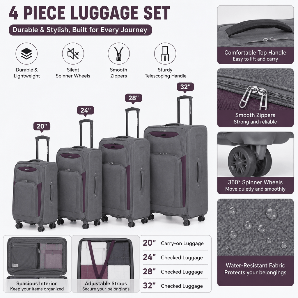 4-Piece Softside Expandable Luggage Set with Spinner Wheels, Lightweight Travel Suitcases with Telescopic Handle, Nested Storage Design