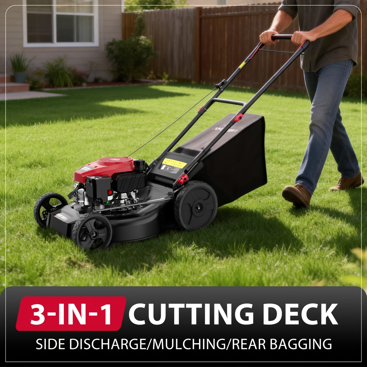 21" Self-Propelled Gas Lawn Mower with 165cc 4-Stroke Engine, RWD Gas Powered Mower for Large Yards & Hills, 3-in-1 Mulching/Bagging/Side Discharge, 6 Adjustable Heights
