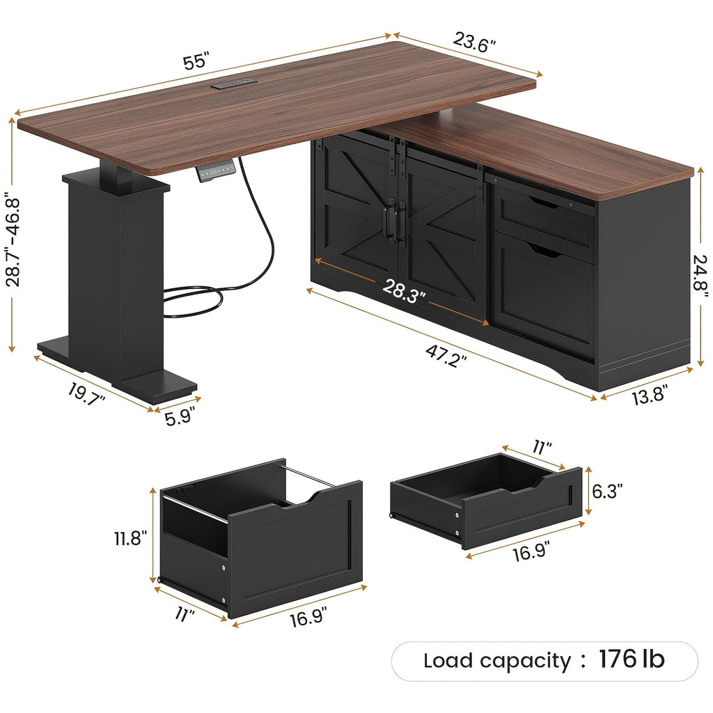 Farmhouse L-Shaped Standing Desk, 55" Computer Desk with 2 Storage Drawers, Height Adjustable Office Desk for Home Office