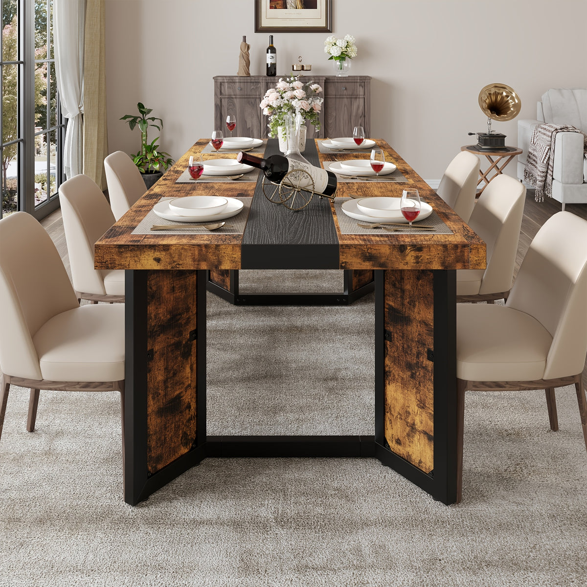 A Spacious Industrial Dining Table Designed for 6 to 8 Individuals, Measuring 71 Inches, Featuring a Robust Metal Frame And a Rustic Brown End, Perfect for Dining Rooms, Kitchens, Or Living Areas