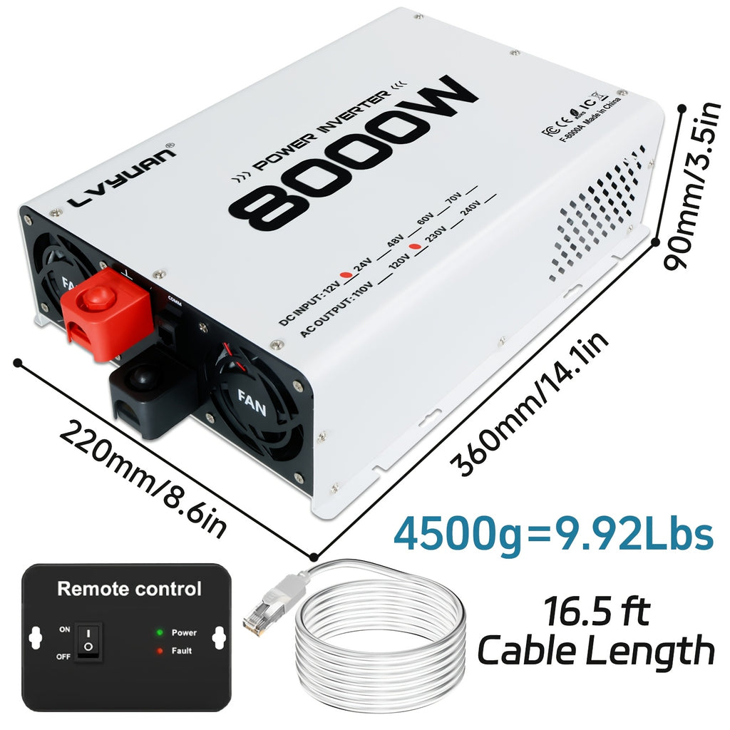 LVYUAN Power Inverter, 8000W (peak), 12V DC to 110V/120V AC Converter, Suitable for Homes, RVs, Boats, Off-grid Solar Systems, And Vehicles. Features USB Charging Ports, 4 AC Power Outlets, Dual USB Ports, An LCD Display, And A Remote Control.