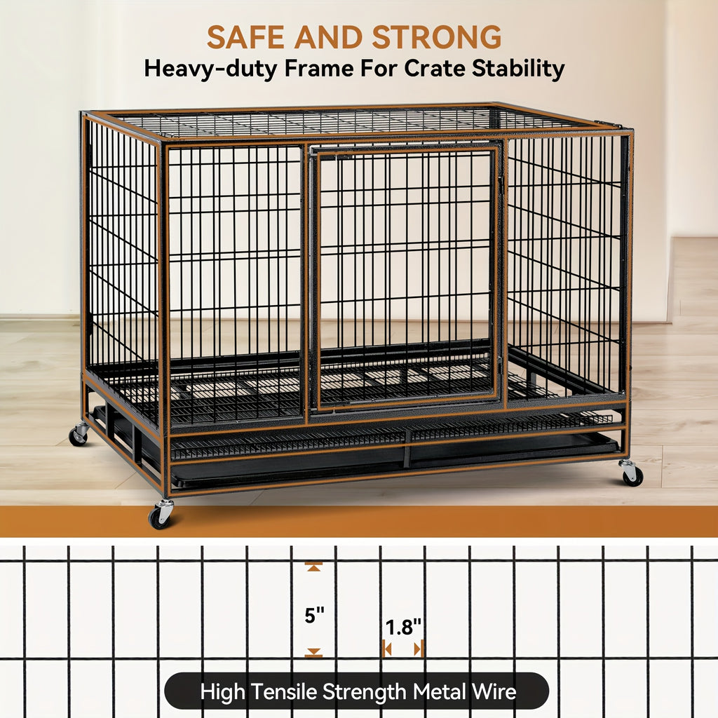 TOWALKER 48 Inch Heavy Duty Dog Crate, Indestructible Metal Wire Dog Crate, Folding Design Dog Kennel, Stackable Feature Dog Cage, XXL for Large Dogs, Sturdy Locks Design/Double Door with Wheels/Removable Tray