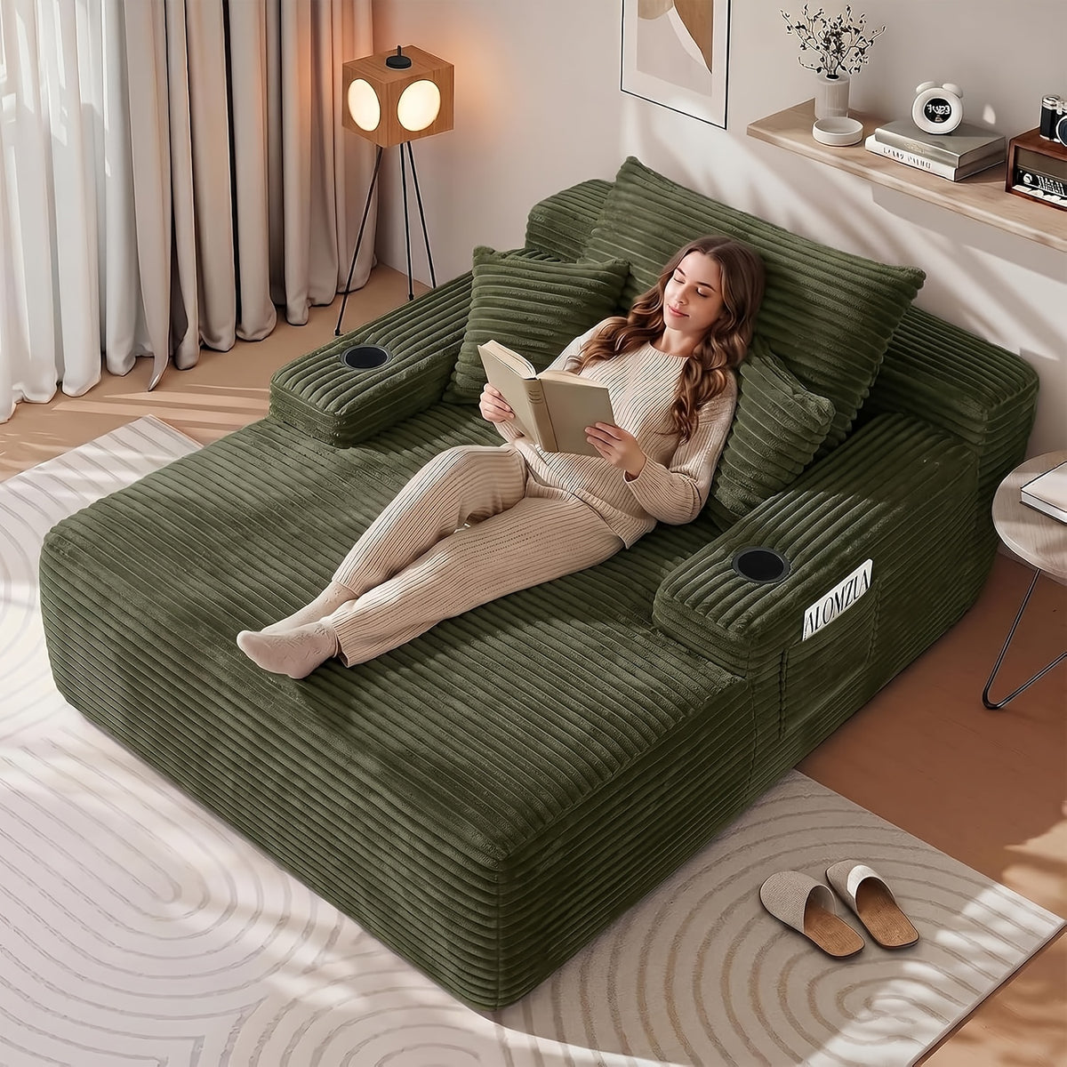 65-Inch Oversized Boneless Chaise Lounge with Cup Holders and Side Pockets, Includes 3 Pillows