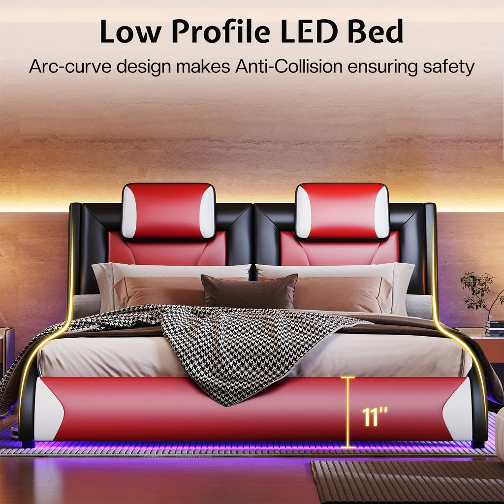 Modern Elegance Meets Functionality: Papajet Full Floating Bed Frame with Built-In LED Lights, Faux Leather Upholstery, And Wave-Shaped Curves, No Box Spring Required